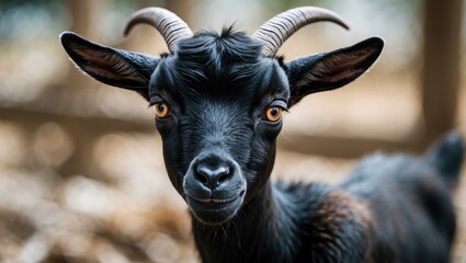 Fototapeta premium Black goat close-up with prominent features and expressive eyes in a natural outdoor setting with blurred background. Copy Space