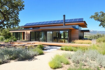 Obraz premium modern smart home exterior with integrated solar technology, minimalist architecture in sustainable design