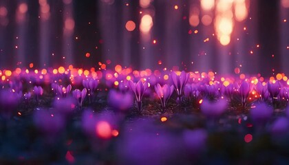 Purple flowers bloom at dusk in a forest as sparkles float on the breeze