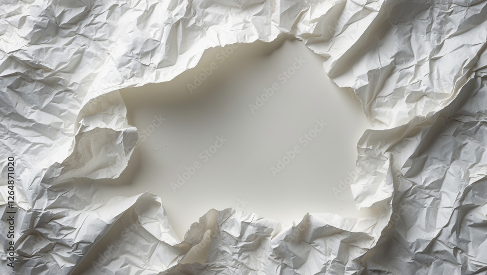 Aufkleber crumpled white paper background with a blank space in the center for text or design elements