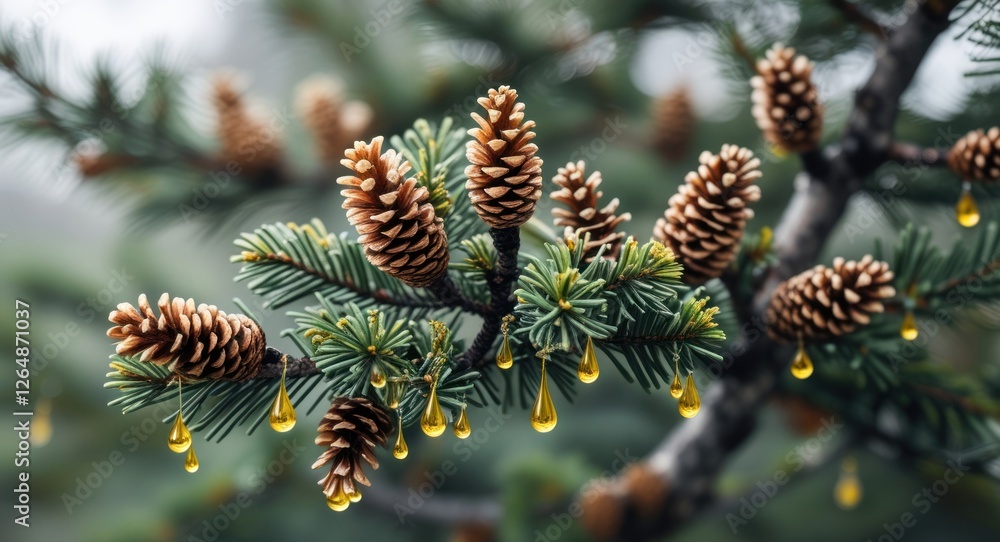 Poster close-up of pine tree branches with pine cones and yellow resin droplets on needles against a soft b