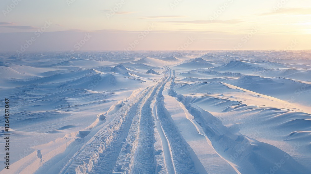 Poster expansive snowy terrain with soft, undulating snowdrifts and a set of tire tracks leading into the d
