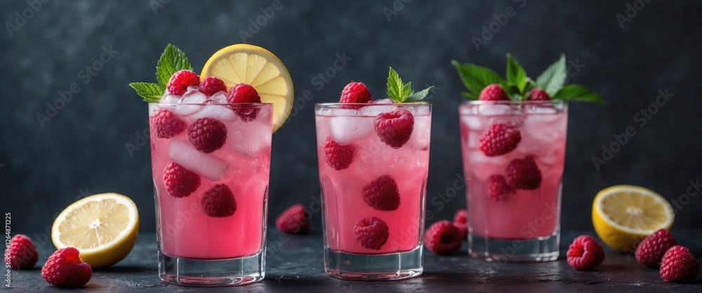 Poster three refreshing raspberry lemonade cocktails with ice and mint leaves on a dark background with lem
