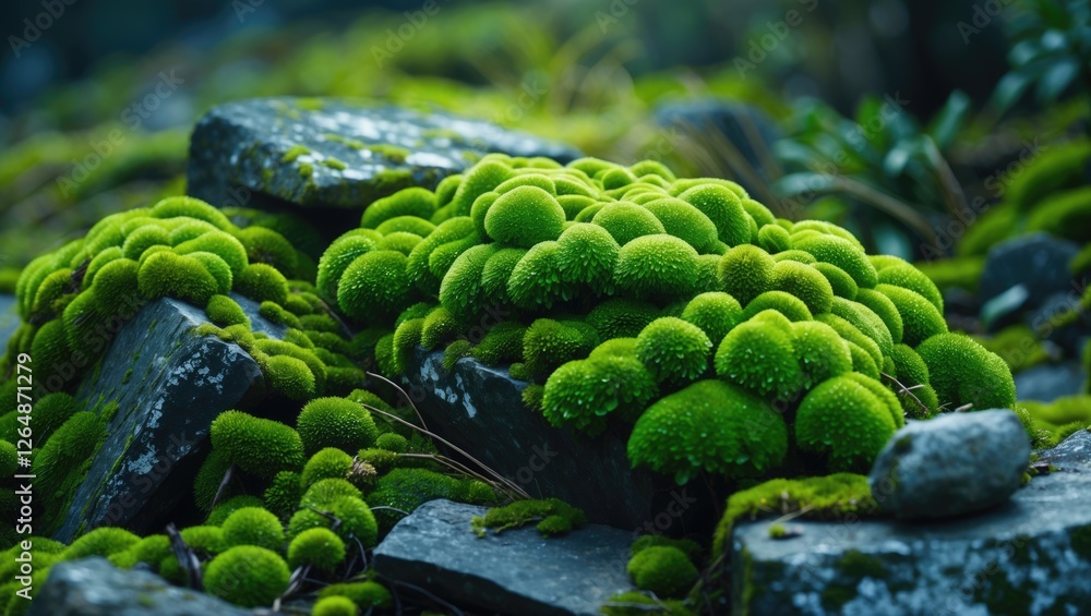 Poster vibrant green moss covering rocks in a natural setting with soft focus and depth of field. copy spac