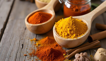 spices in wooden spoons