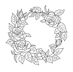 Hand drawn botanical wreath line art vector illustration isolated on transparent background. Circle frame with rose flowers in black ink sketch style. Elegant wedding invitation design. 