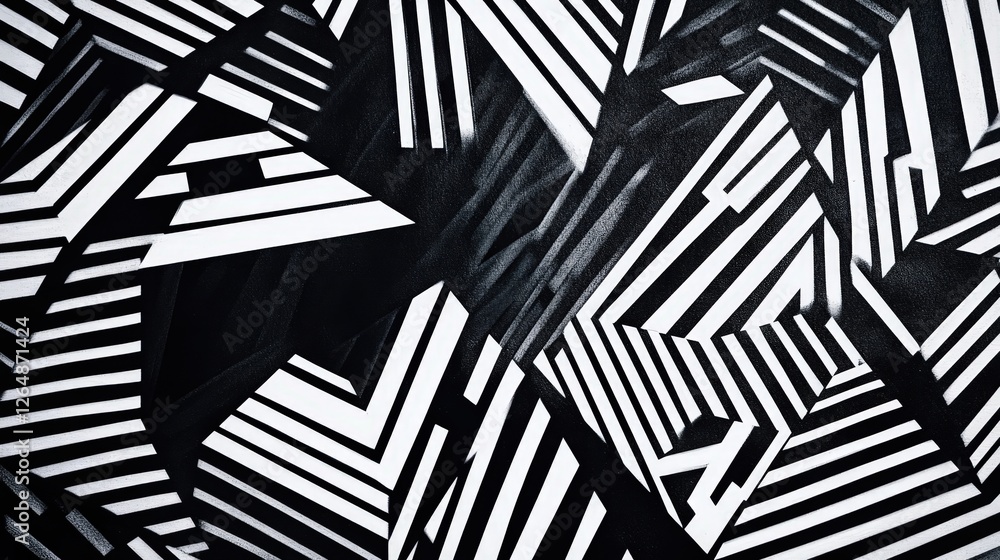 Poster a high-contrast background with alternating black and white geometric patterns. sharp lines and irre