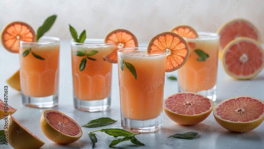 Poster Fresh grapefruit and citrus drinks in glasses with mint leaves and sliced grapefruits on a table with neutral background and Copy Space