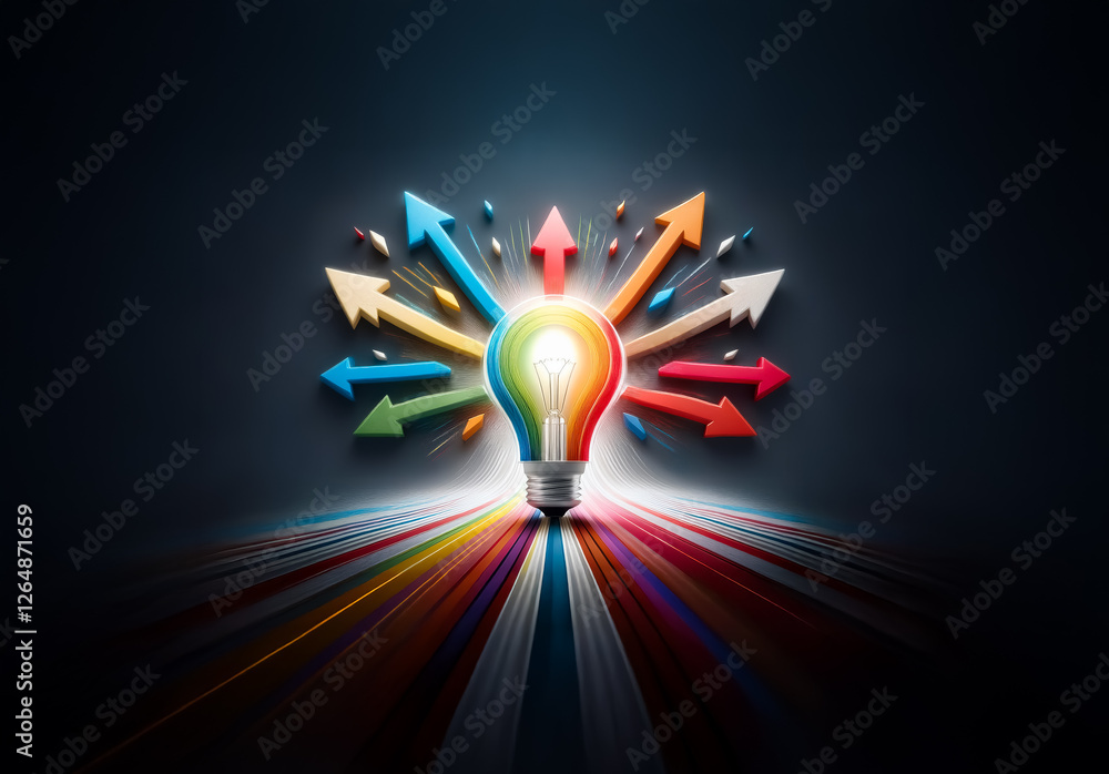 Aufkleber colorful lightbulb emitting rays and arrows in multiple directions against a dark backdrop, symboliz