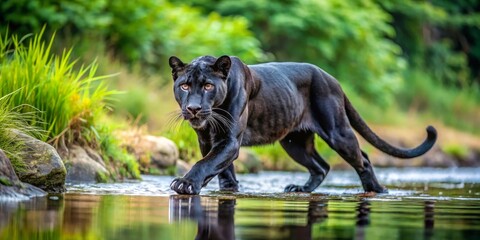 Obraz premium Black Panther Walking Through Calm Water in Lush Greenery