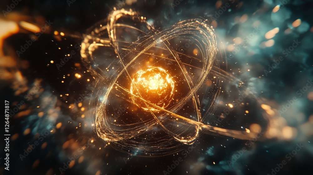 Poster a high-energy visualization of an electron orbiting around an atom, interacting with the nucleus.