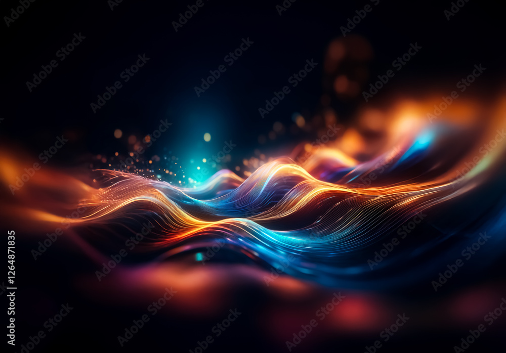 Poster abstract image featuring flowing waves of vibrant orange and blue light against a dark backdrop. ene