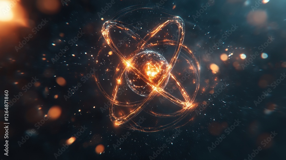 Poster a high-energy visualization of an electron orbiting around an atom, interacting with the nucleus.