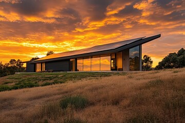 Obraz premium modern sustainable home with sleek black solar panels, contemporary architecture, dramatic sunset sky casting golden light