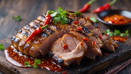Grilled sliced succulent pork barbecue with chili and herbs on wooden board with sauce and copy space