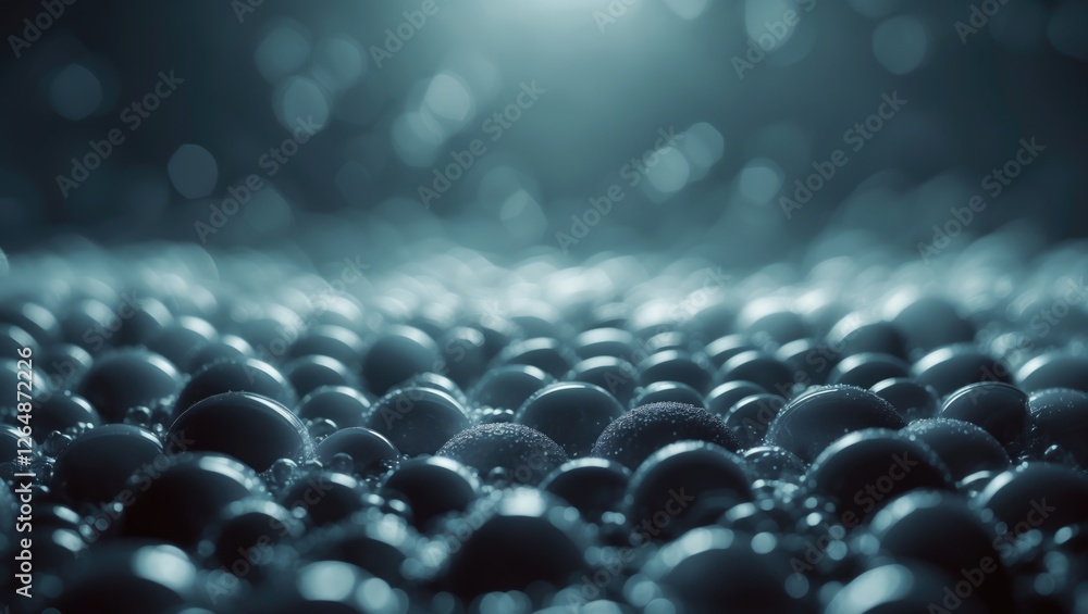 Poster close-up view of black spheres with water droplets on a blurred dark background with bokeh effect il
