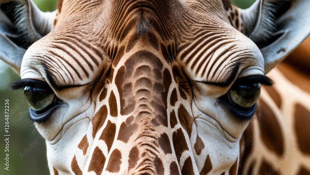 Poster close-up portrait of a giraffe showcasing detailed facial features and distinctive patterns against 