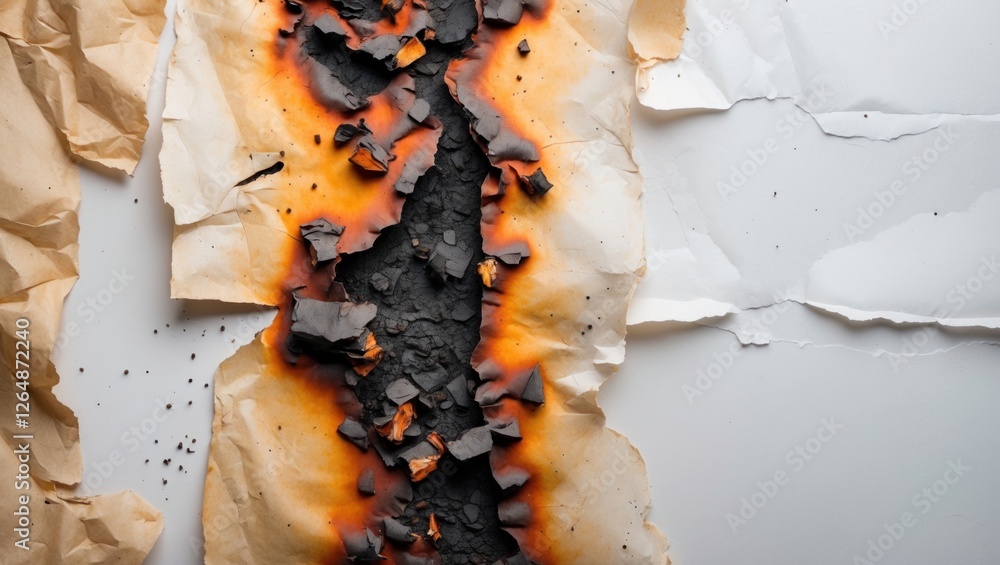 Poster burnt and crumpled paper background with charred edges and ashes on white surface copy space
