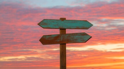 Rustic Signpost Against Vibrant Sunset Horizon