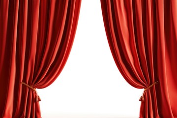 Fototapeta premium Opened red theater curtains reveal a bright, white background. Performance, event