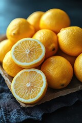 Fototapeta premium Fresh lemons displayed on a wooden board with a dark background