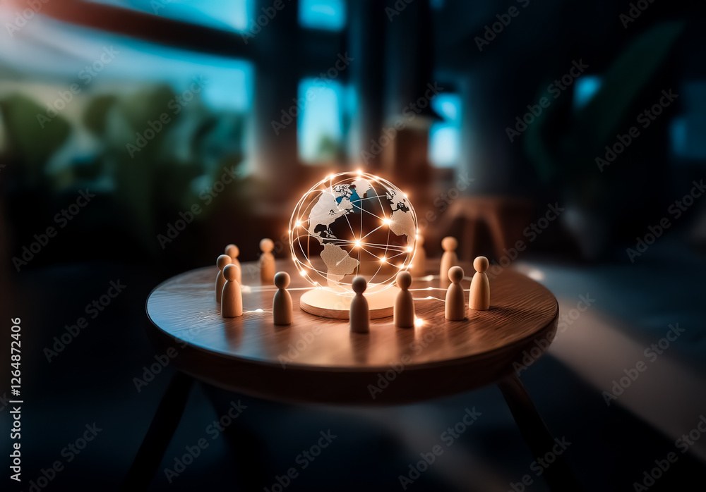 Aufkleber Illuminated globe centerpiece on a small round table surrounded by wooden figures, in a softly lit room with blurred background. Symbolizes global connections or a team meeting.