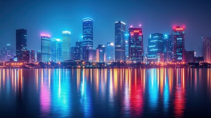 Fototapeta premium A high-tech city skyline at night, with illuminated buildings and neon lights reflecting in the water, providing a dynamic and futuristic backdrop for digital or business content.