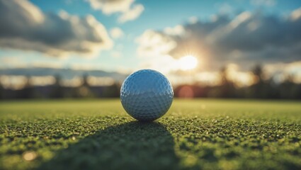 Close-up of a golf ball on green grass with sunlight illuminating the background and clouds overhead Copy Space