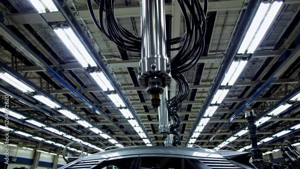 Poster Electric vehicle manufacturing process in a modern factory with advanced robotic systems