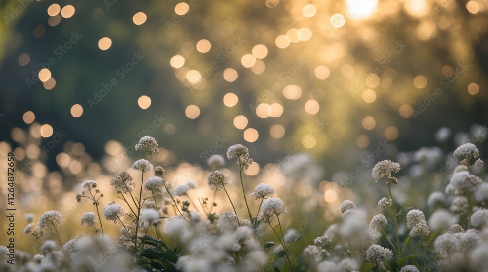 Poster blurred background of wildflowers in a sunlit field with bokeh effect and soft golden light copy spa
