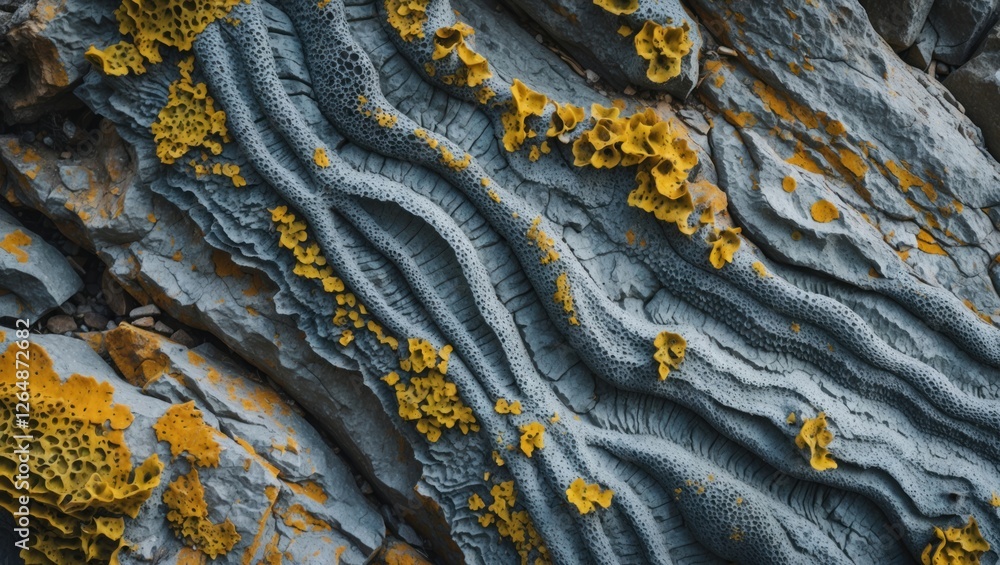 Poster close-up view of textured rock surface with yellow lichen growth and intricate patterns natural back