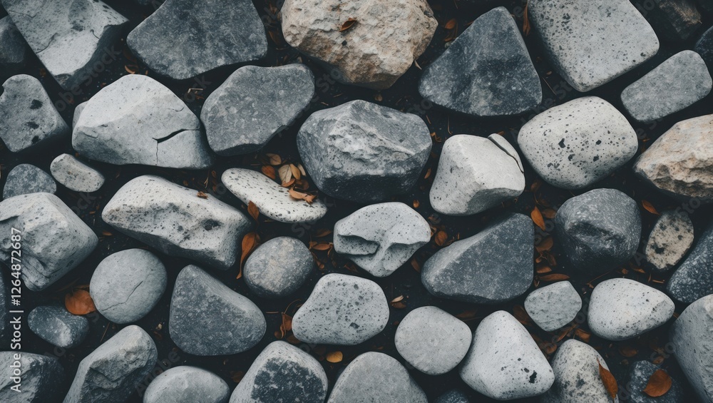 Poster textured arrangement of various sizes and colors of river stones on a surface with some autumn leave