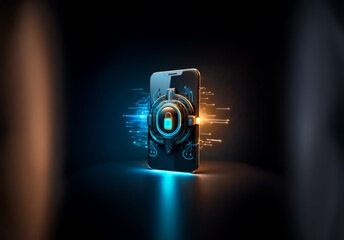 Futuristic phone with glowing lights in a dark setting, showcasing digital technology and modern communication.