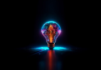 A vibrant light bulb with a colorful brain at its core brightly illuminates the dark space. The bulb emits glowing blue and purple light against a stark black backdrop.