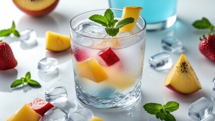 Fototapeta premium Colorful fruit cocktail with ice cubes in a clear glass surrounded by fresh fruit and mint leaves against a light background Copy Space