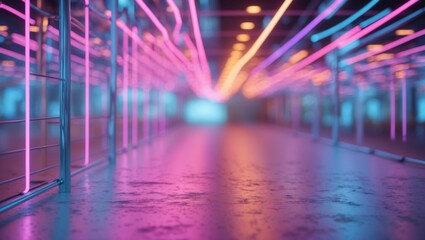 Abstract neon light corridor with glowing colorful lines on the floor and walls, perspective view, urban digital art, Copy Space