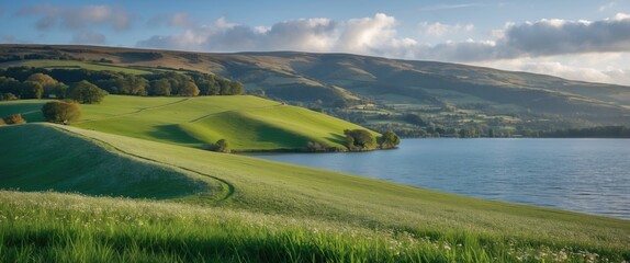 Lush green hills and tranquil lake landscape under clear blue sky with distant mountains and soft clouds in the background Copy Space