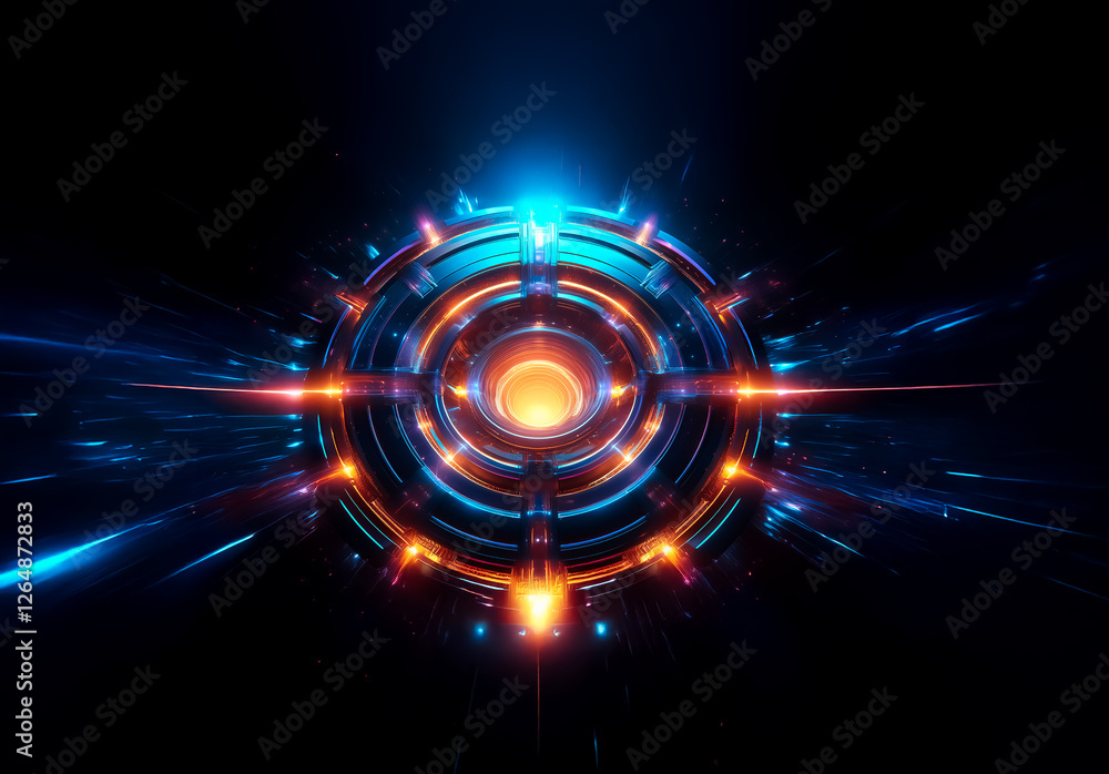 Poster circular futuristic technology design with radiant blue and orange glow on a dark backdrop. light ra
