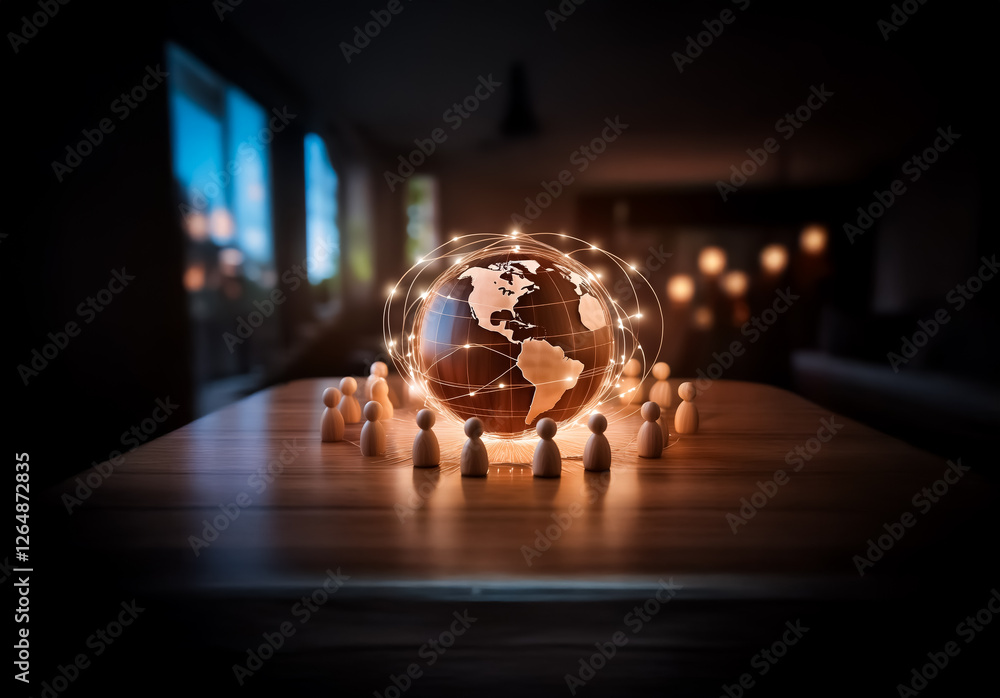 Poster a glowing globe on a wooden table is encircled by tiny figures, symbolizing global connections and u
