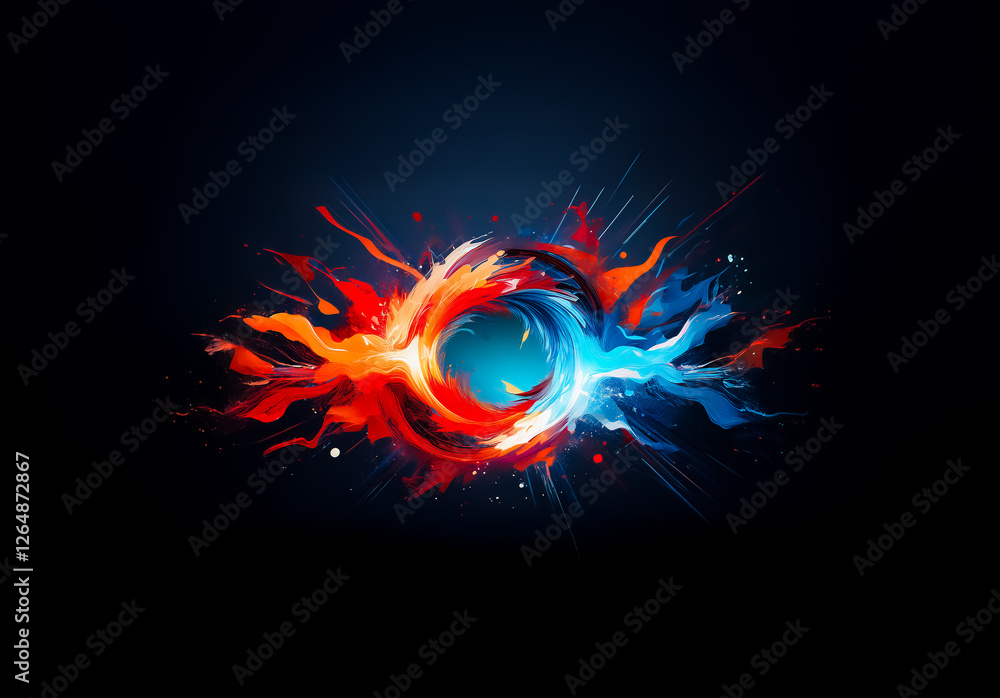 Poster abstract design featuring a vibrant circle with opposing forces of warm orange/red and cool blue, cr