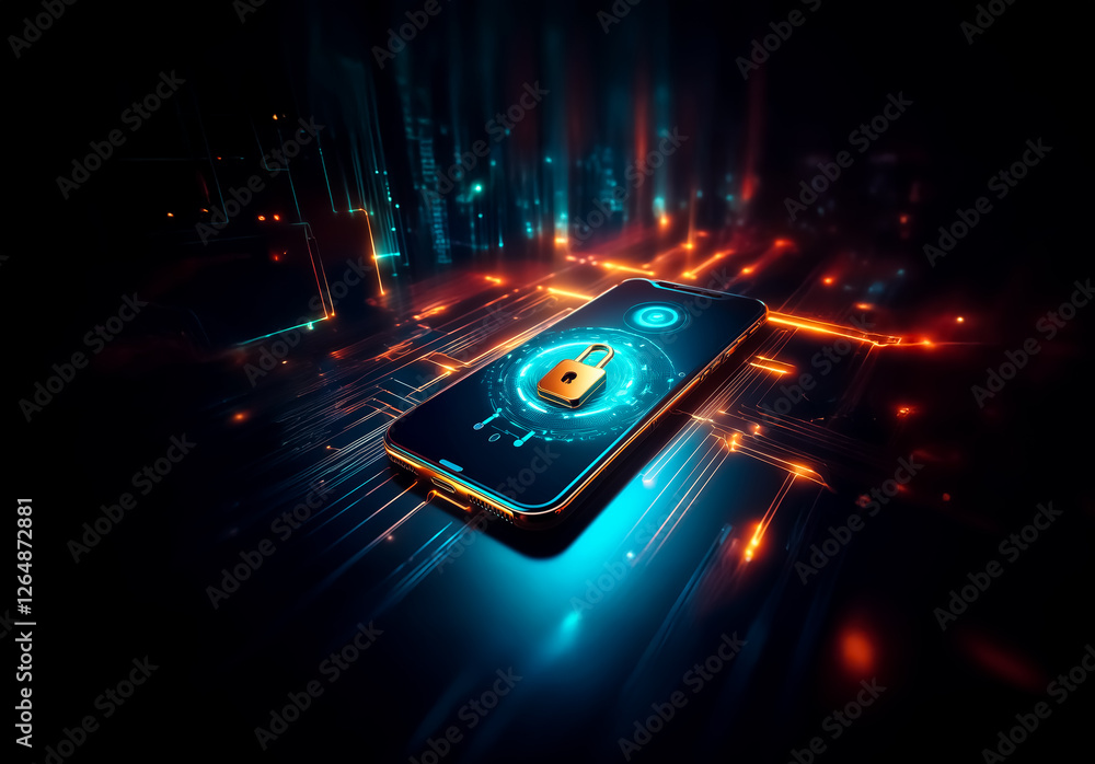 Poster A glowing smartphone displays a lock icon, symbolizing digital security in a dark, futuristic technological space with vibrant lines and circuits.