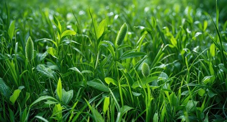 Obraz premium Lush green grass with dew drops and emerging plant shoots in a natural setting with Copy Space.