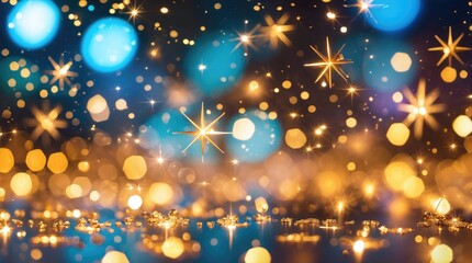 Obraz premium Colorful bokeh lights with sparkling stars and abstract golden and blue background with depth of field and Copy Space