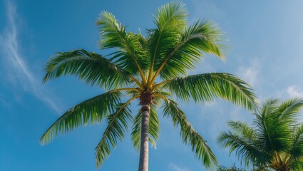 Tall palm tree with green fronds against a clear blue sky providing ample Copy Space for text placement