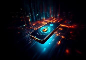 A glowing smartphone displays a lock icon, symbolizing digital security in a dark, futuristic technological space with vibrant lines and circuits.