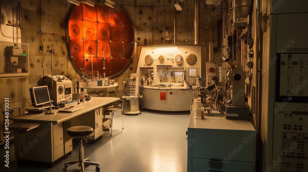 Poster a high-tech lab setting where electrons are used in scanning electron microscopy for detailed imagin