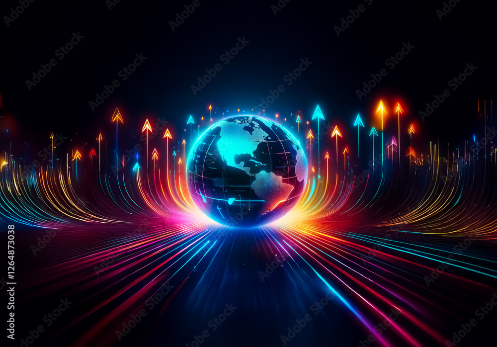 Poster vibrant globe surrounded by upward streaks of colorful light against a dark backdrop. illuminated wo