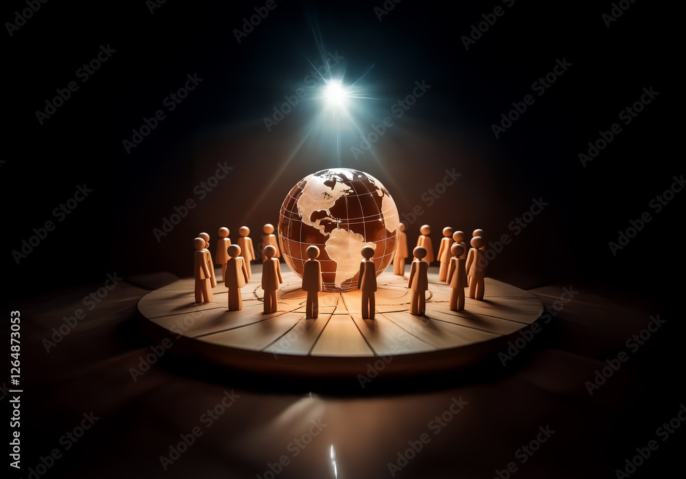 Poster A spotlight illuminates a globe encircled by wooden figures on a circular stage against a dark setting, creating a sense of global unity and spotlight on world matters.