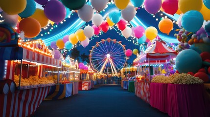 Fototapeta premium A carnival-themed birthday celebration with cotton candy, popcorn stands, and a Ferris wheel, all under colorful lights and balloons.