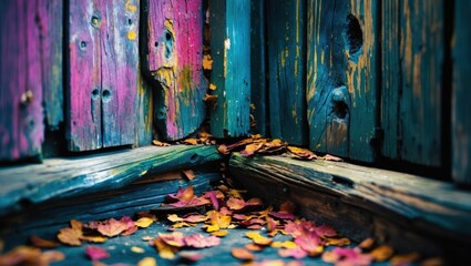 Colorful wooden fence with vibrant peeling paint and fallen autumn leaves in a corner composition with Copy Space